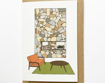 Retro homes fireplace card, mid century vintage furniture, illustrated recycled eco friendly card