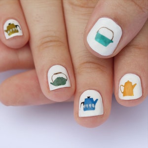 tea pot nail transfers - illustrated nail art decals - retro teapot stickers