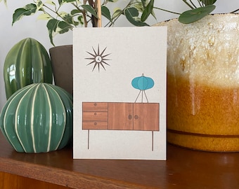 Retro homes sideboard card, mid century vintage furniture, illustrated recycled eco friendly card