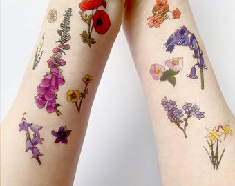 wild flower temporary tattoos - illustrated plants / floral / botanical - realistic fake tattoo body art