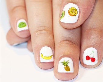 fruit nail transfers - illustrated tropical nail art decals - pineapple , cherries , kiwi , banana , orange , lime