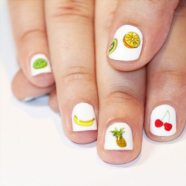 fruit nail transfers - illustrated tropical nail art decals - pineapple , cherries , kiwi , banana , orange , lime