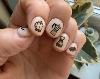 Coffee nail transfers - illustrated nail art water decals -