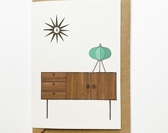 Retro homes sideboard card, mid century vintage furniture, illustrated recycled eco friendly card