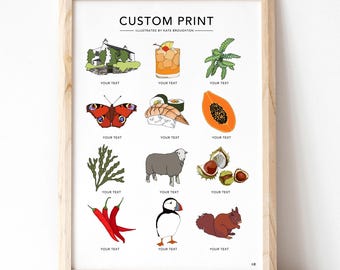 personalised custom collection print - hand drawn illustration bespoke gift - choose the subject/theme/items