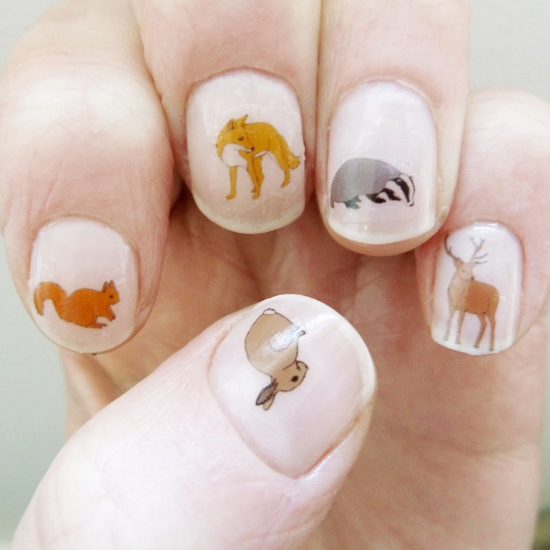 woodland nail transfers illustrated animal nail art decals squirrel , fox , rabbit , badger , deer , dormouse wildlife nail stickers image 10