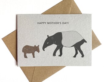 Tapir Mother's Day card - animal illustration - mother baby card - eco friendly - recycled kraft card