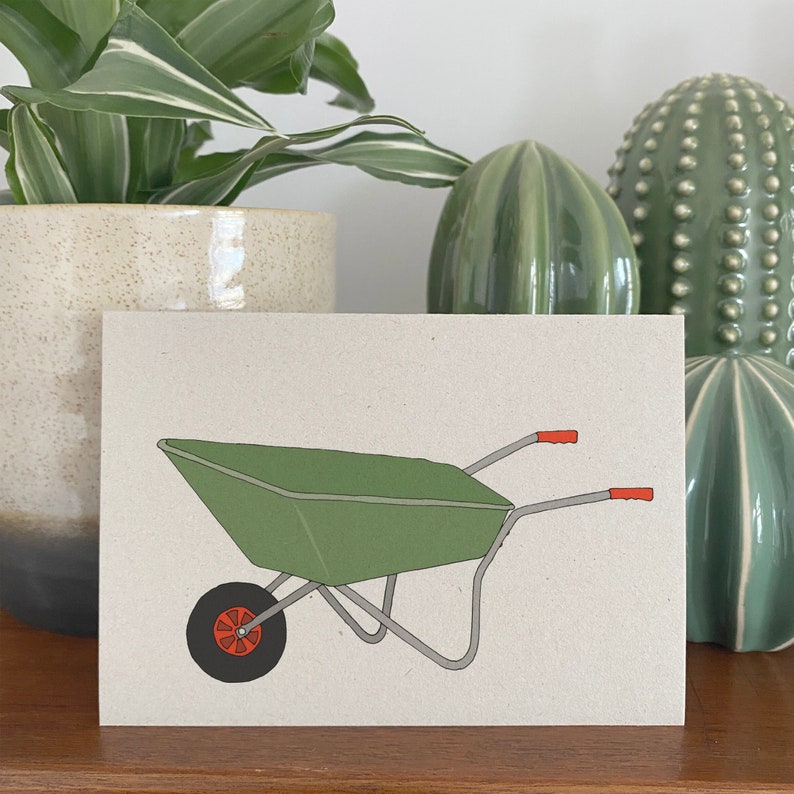 Wheelbarrow card garden illustration , printed eco friendly recycled kraft card , card for gardener image 1