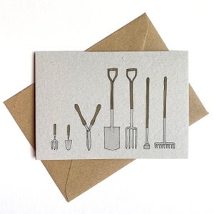 Garden tools card illustrated card for gardener recycled / eco friendly blank card gardening spade / fork / trowel card image 2
