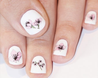 Cherry blossom nail transfers - illustrated sakura flower nail art stickers - cherry blossom bird nail decals - cherry blossom gift