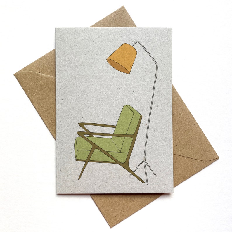 Retro homes chair card, mid century vintage chair lamp, illustrated recycled eco friendly card image 2