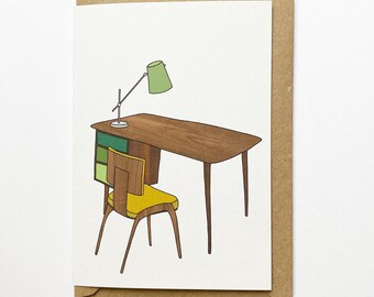 Retro homes desk card, mid century vintage furniture, illustrated recycled eco friendly card