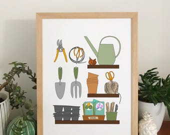 Potting shed shelf print - illustrated wall art