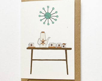 Retro homes coffee table card, mid century vintage furniture, illustrated recycled eco friendly card