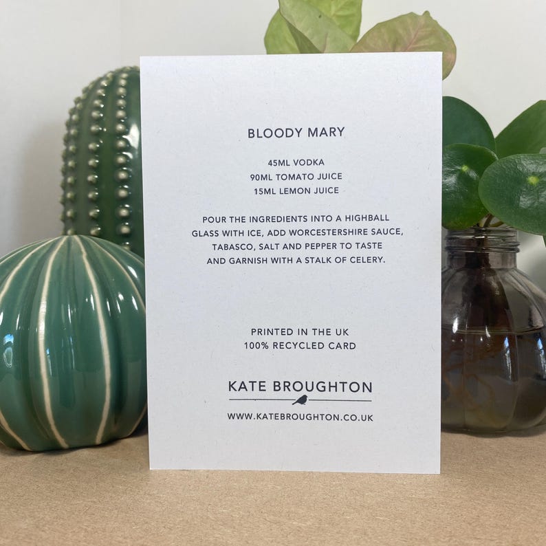 Bloody mary cocktail card - full recipe on back - recycled eco friendly card - cocktail recipe card, celebration card, cocktail illustration image 2