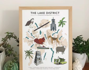 Lake District Illustrated Art Print, UK Travel Poster, Kate Broughton Illustration