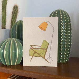 Retro homes chair card, mid century vintage chair lamp, illustrated recycled eco friendly card image 1