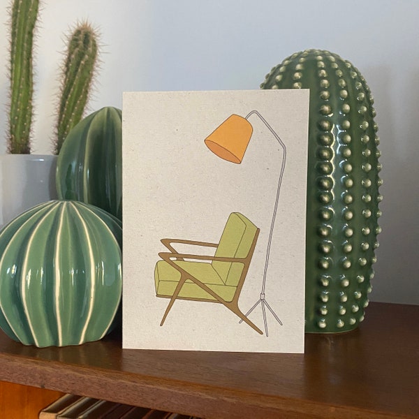 Retro homes chair card, mid century vintage chair lamp, illustrated recycled eco friendly card