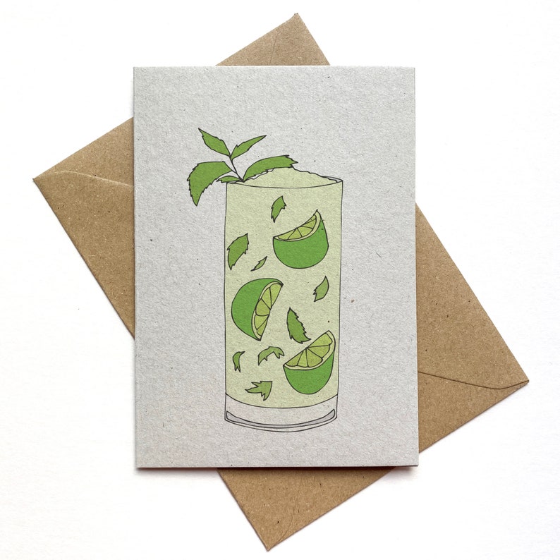 Mojito cocktail recipe card cocktail illustrated card full recipe on the back recycled / eco friendly image 2