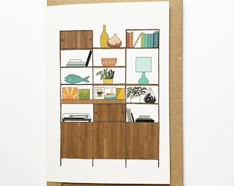 Retro homes shelves card, mid century teak vintage furniture, illustrated recycled eco friendly card