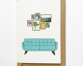 Retro homes sofa card, mid century vintage furniture, illustrated recycled eco friendly card