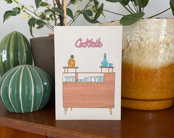 Retro homes cocktail bar card, mid century vintage furniture, illustrated recycled eco friendly card
