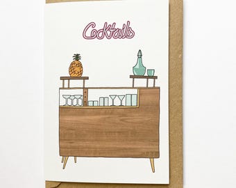Retro homes cocktail bar card, mid century vintage furniture, illustrated recycled eco friendly card