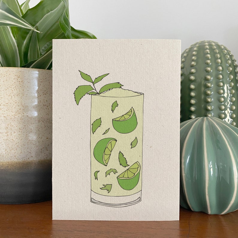 Mojito cocktail recipe card cocktail illustrated card full recipe on the back recycled / eco friendly image 1