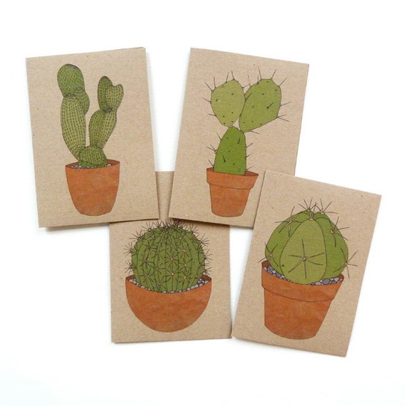 Cacti Cards Set of Four Cactus Illustrated Cards Pot Etsy UK