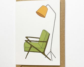 Retro homes chair card, mid century vintage chair lamp, illustrated recycled eco friendly card