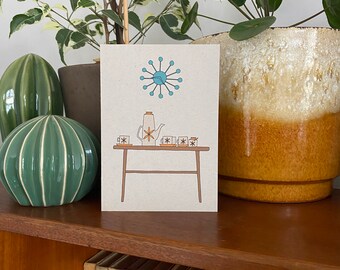 Retro homes coffee table card, mid century vintage furniture, illustrated recycled eco friendly card