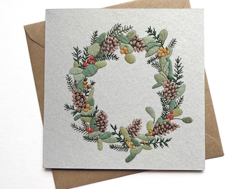 Christmas wreath printed ‘embroidery’ illustrated card - 100% recycled - eco friendly