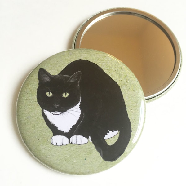 cat pocket mirror - black and white cat, illustrated compact mirror, cat print mirror, cat gift - sitting cat - handbag mirror - cat drawing