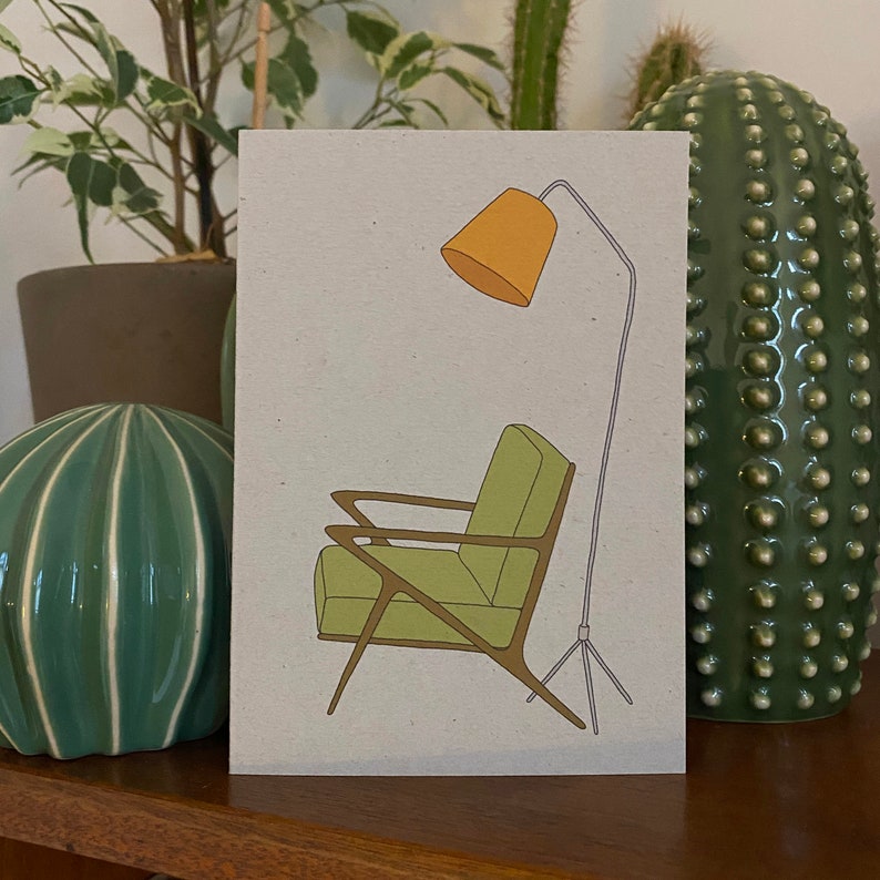 Retro homes chair card, mid century vintage chair lamp, illustrated recycled eco friendly card image 3