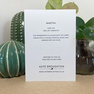 Martini cocktail recipe card - illustrated cocktail card - full recipe on the back - eco friendly / recycled / kraft image 3