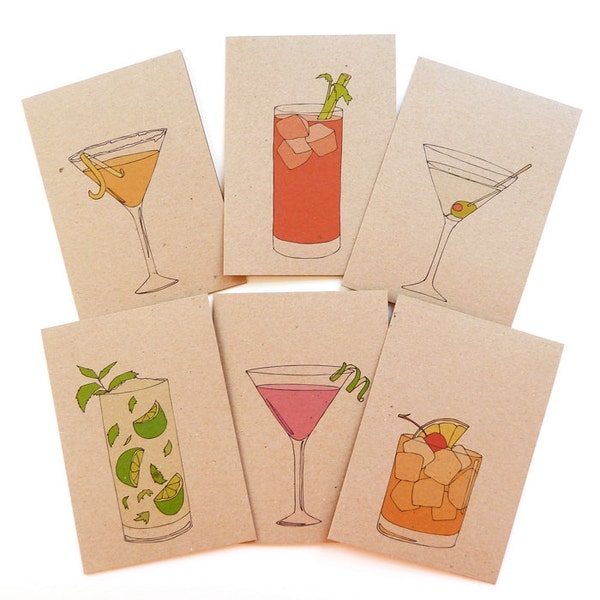 Cocktail Greeting Cards / set of 6 / cocktail cards / recipe on back / mojito , bloody mary , cosmopolitan , martini - recycled cards