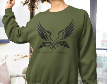 Sudadera para amantes de los libros: gráfico de alas, top de lectura