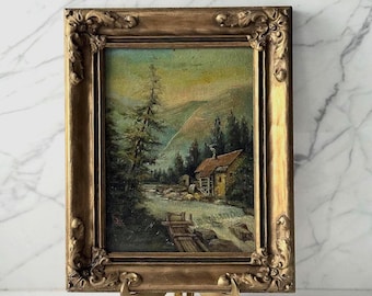 Antique Riverscape Oil Painting: Framed Rustic Mill Cabin Art