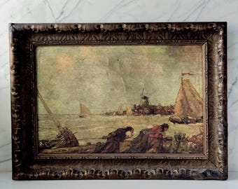 水彩画 村の風景 金色フレーム 返品不可】 アンティーク オリジナル油絵 村の景色、金色の