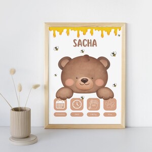 Póster de nacimiento personalizado - “Modelo de lágrima y miel” - Póster de recuerdo del nacimiento de un bebé/niño