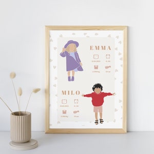 Póster de nacimiento personalizado - “Hermanos, Modelo Gemelos” - Póster de recuerdo del nacimiento de bebé/niño