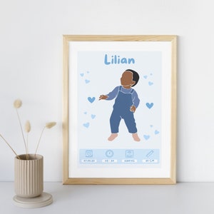 Póster de nacimiento personalizado - "Modelo de niño azul con corazones" - Póster de recuerdo del nacimiento del bebé/niño