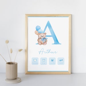 Póster de nacimiento personalizado - "Modelo inicial de Ourson Boy" - Póster de recuerdo del nacimiento del bebé/niño