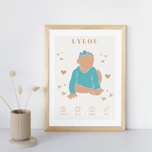 Póster de nacimiento personalizado - “Modelo de bebé beige con corazones” - Póster de recuerdo de nacimiento de bebé/niño