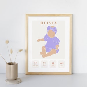Póster de nacimiento personalizado - "Modelo de bebé beige" - Póster de recuerdo de nacimiento de bebé/niño