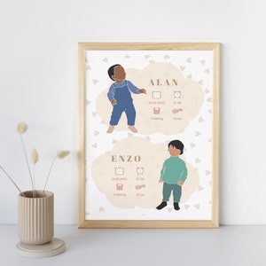 Póster de nacimiento personalizado - “Hermanos, modelo gemelos” - Póster de recuerdo del nacimiento de bebés/niño