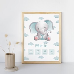 Póster de nacimiento personalizado - “Modelo Elefante Azul/verde” - Póster de recuerdo del nacimiento del bebé/niño