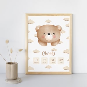 Póster de nacimiento personalizado - “Modelo Osito marrón/beige” - Póster de recuerdo del nacimiento del bebé/niño
