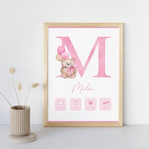 Póster de nacimiento personalizado - "Modelo inicial de niña Ourson" - Póster de recuerdo de nacimiento de bebé/niño
