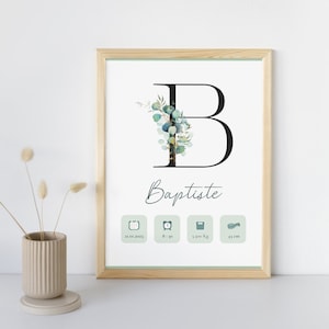 Póster de nacimiento personalizado - "Modelo inicial negro y verde" - Póster de recuerdo del nacimiento del bebé/niño